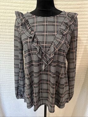 Andree Plaid Ruffle V-Neck Long Sleeve Top in Black and Pink